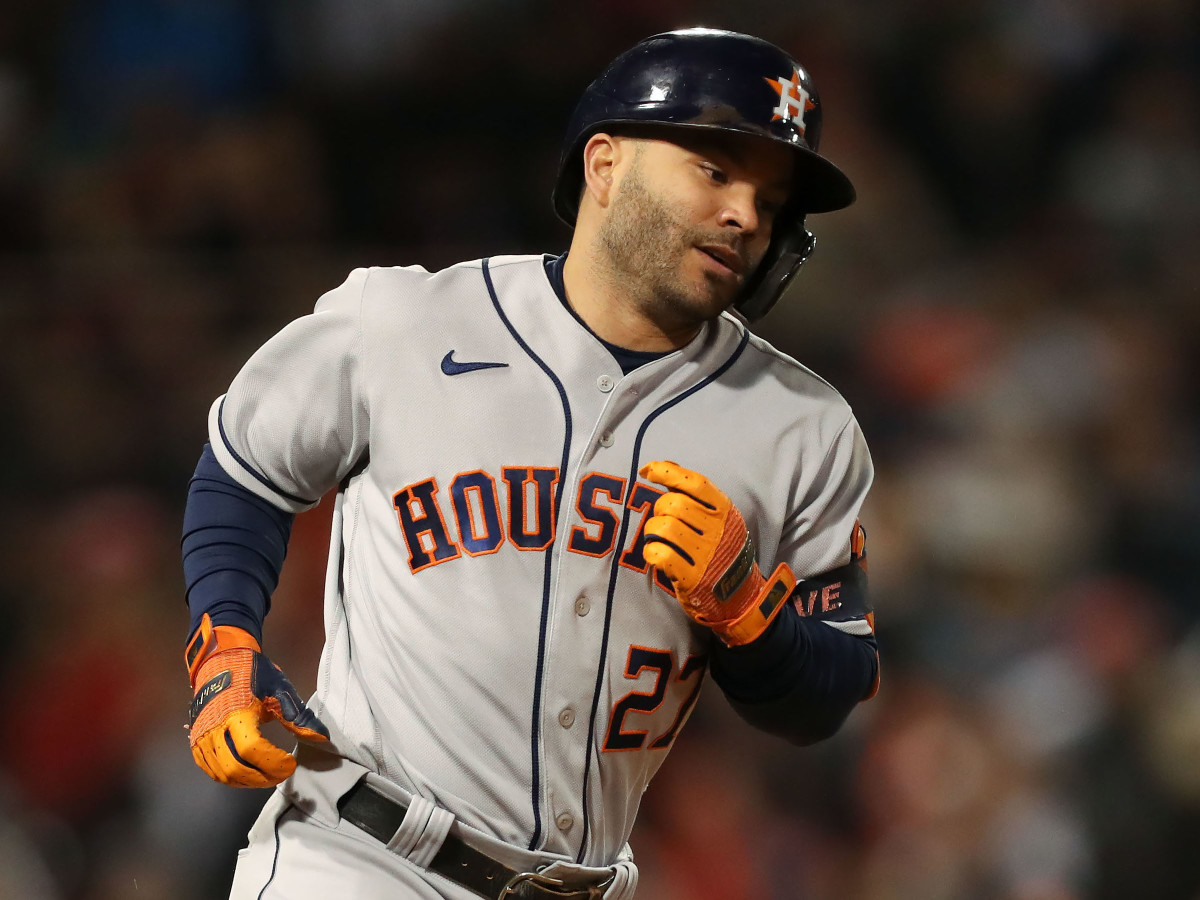 Houston Astros second baseman Jose Altuve (27) runs the bases after hitting a solo home run against the Boston Red Sox during the eighth inning of game four of the 2021 ALCS at Fenway Park.